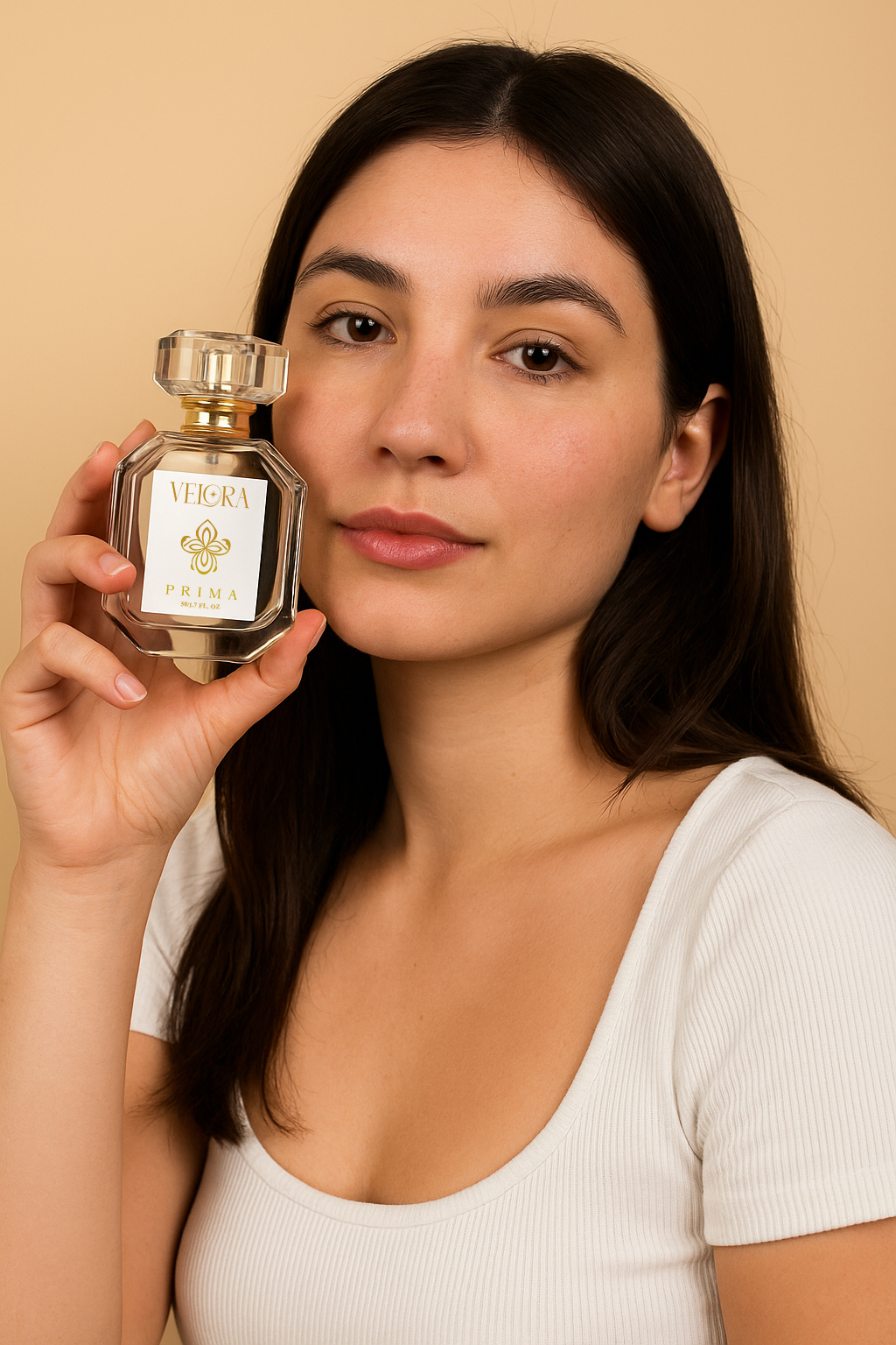 Woman holding a Velora Prima luxury eau de parfum bottle against a beige background, showcasing elegant fragrance packaging.