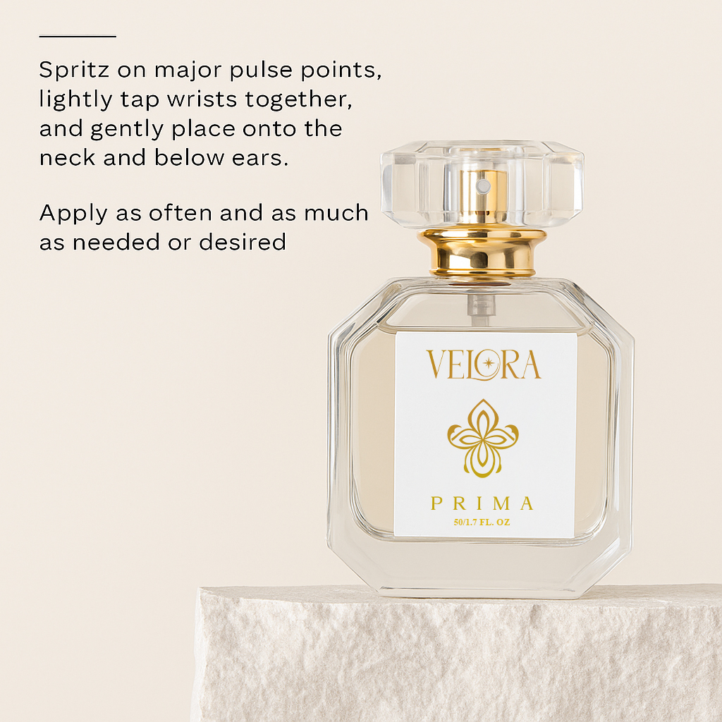 Velora Prima luxury eau de parfum bottle on stone surface with application instructions for pulse points, wrists, neck, and ears.