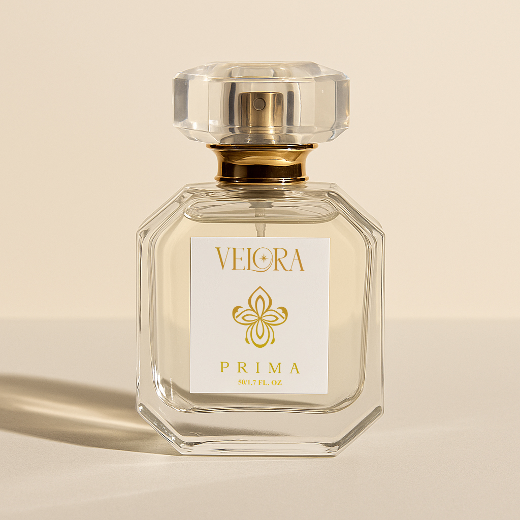 Velora Prima luxury eau de parfum bottle with gold detailing, featuring a clear glass design and elegant floral logo