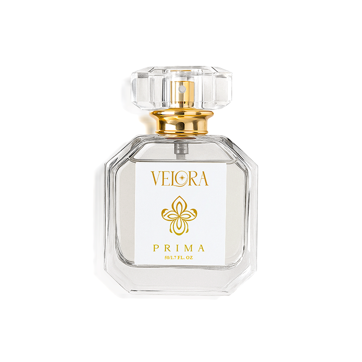 Velora Prima luxury eau de parfum bottle with clear glass design, gold accents, and floral logo on white label.