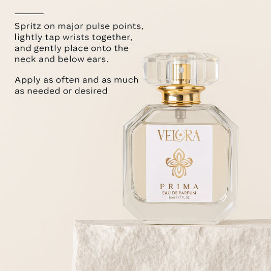 Velora Prima bottle standing on a ledge