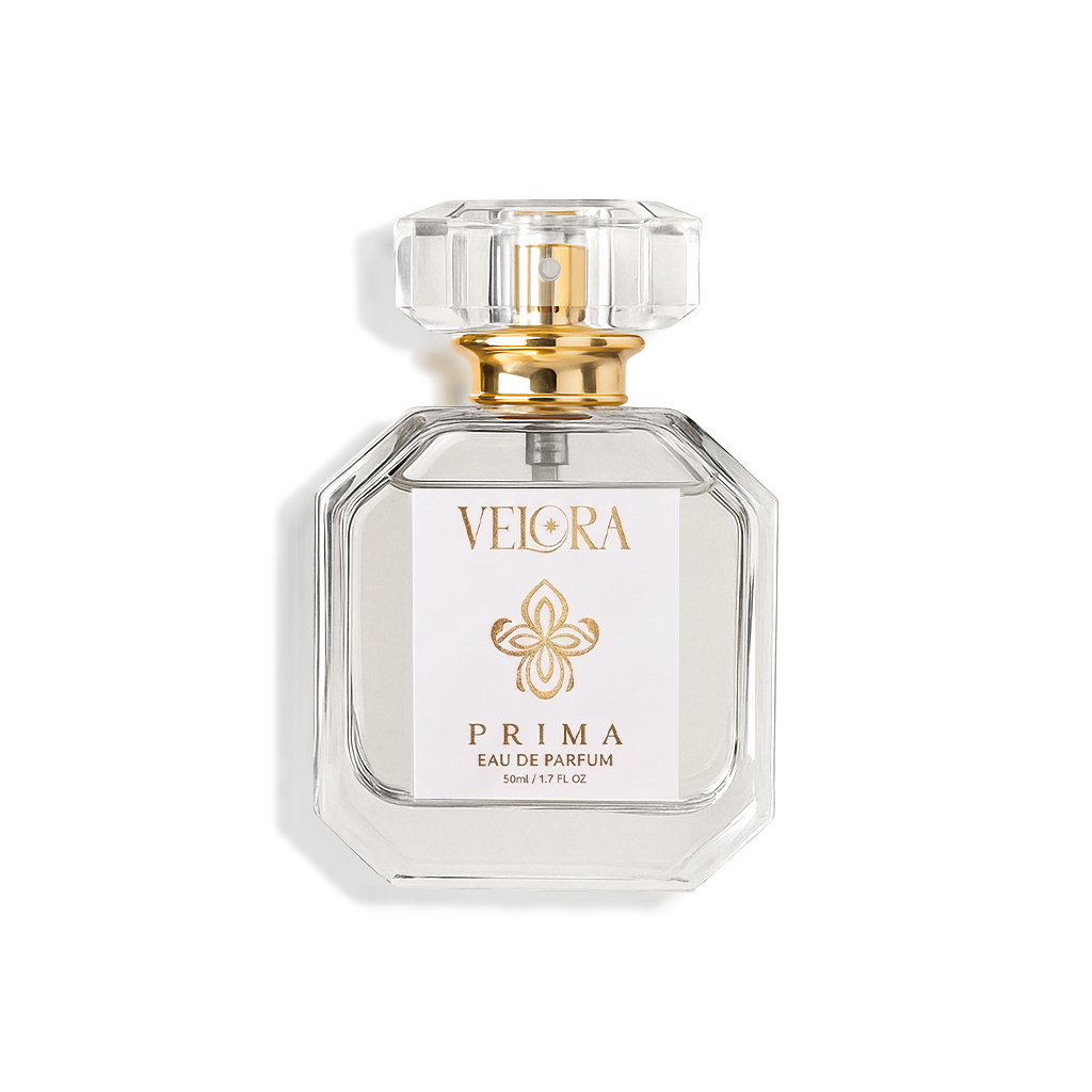 Velora Prima eau de parfum bottle, a fragrance built on rice, sesame and mimosa
