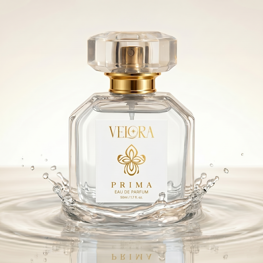 Velora Prima bottle with fragrance splash on a dark background