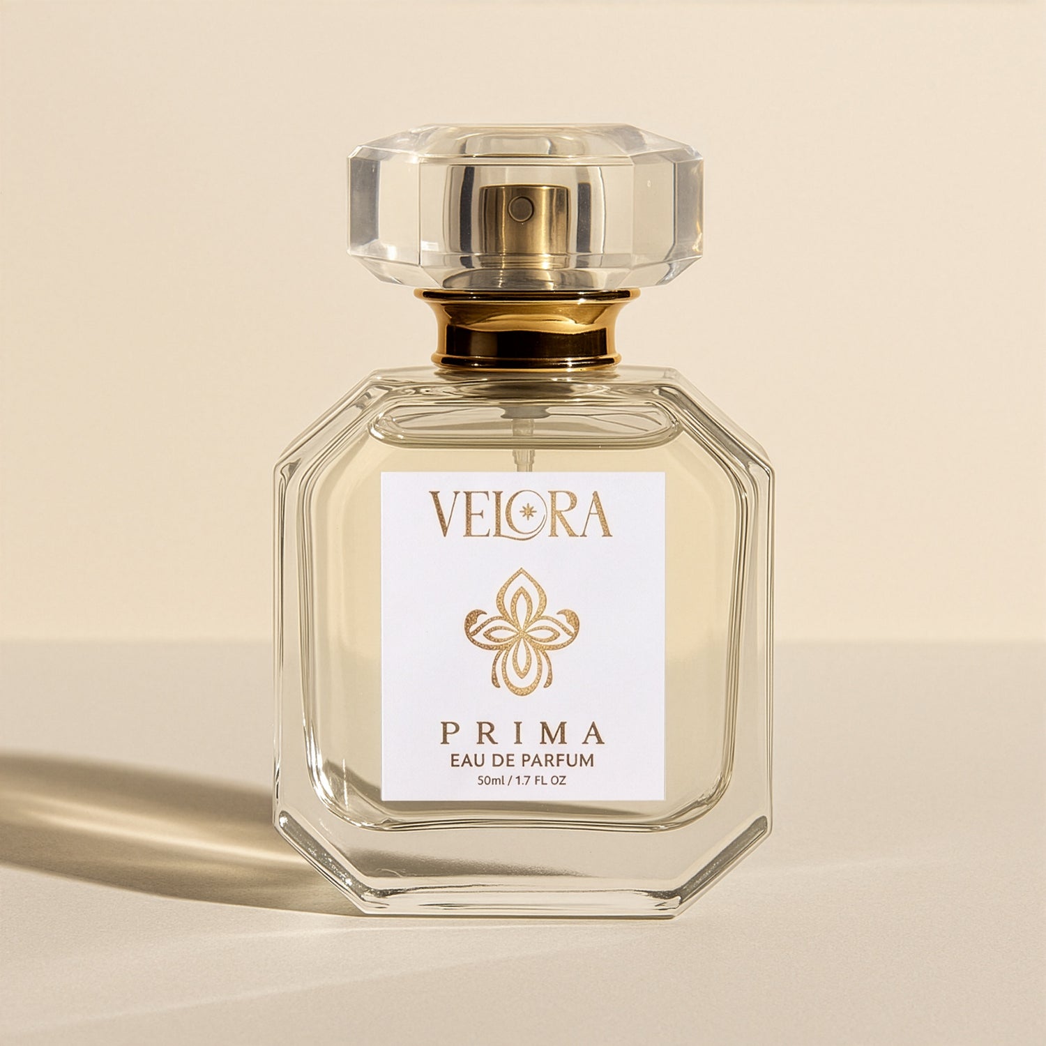 Velora Prima Eau de Parfum bottle on a beige background