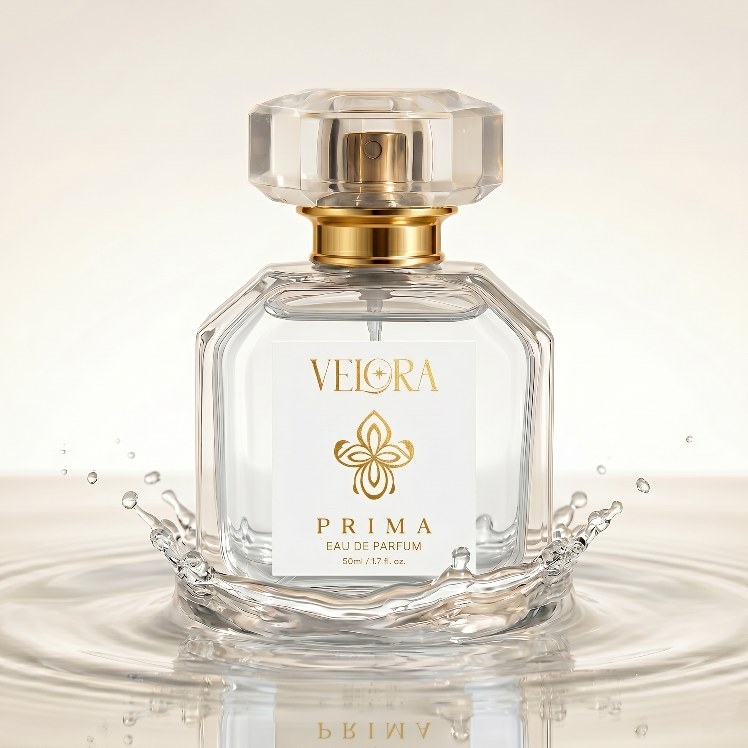 Velora Prima perfume bottle with water splash effect on a beige background