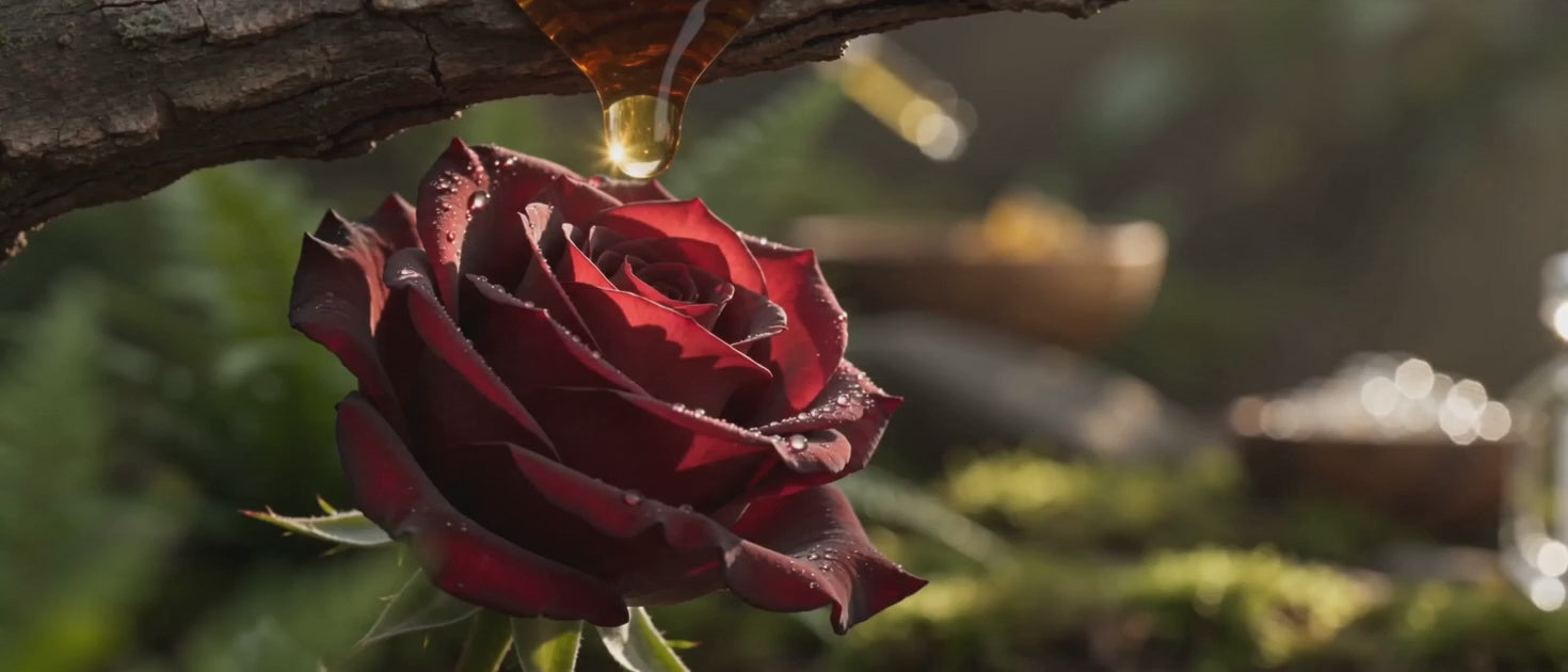 Load video: A cinematic, slow-motion video focusing on luxury fragrance ingredients. It begins with a close-up of a deep red rose covered in morning dew, positioned next to dark tree bark where golden, viscous amber resin slowly drips down. The scene transitions to a wooden bowl filled with golden oil, where a glass pipette releases a single drop, creating soft ripples. Beside the bowl sits a glass bottle of Velora Prima perfume with a faceted crystal cap, reflecting the warm, natural sunlight.