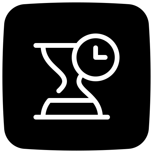 White hourglass icon with clock face on a black background